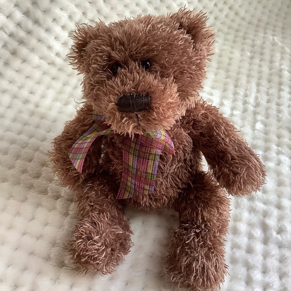 Cute Brown Plush Bear with Plaid Pink Purple Yellow Bow Stuffed Animal Toy - Picture 3 of 10